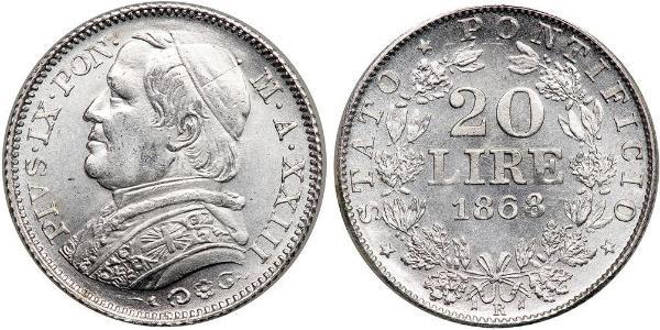 20 Lira Stato Pontificio (752-1870) Oro Papa Pio IX (1792- 1878)