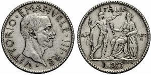 20 Lira Kingdom of Italy (1861-1946) Plata Víctor Manuel III de Italia (1869 - 1947)