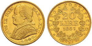 20 Lira 教皇国 (754 - 1870) 金 Pope Pius IX (1792- 1878)