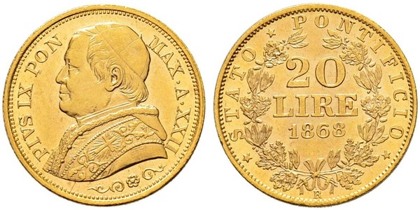 20 Lira 教皇国 (754 - 1870) 金 Pope Pius IX (1792- 1878)