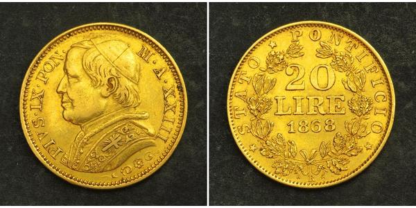 20 Lira 教皇国 (754 - 1870) 金 Pope Pius IX (1792- 1878)