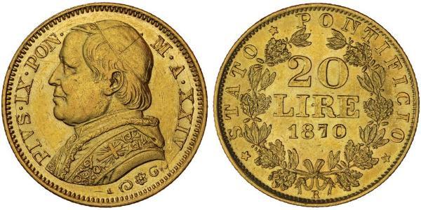 20 Lira 教皇国 (754 - 1870) 金 Pope Pius IX (1792- 1878)