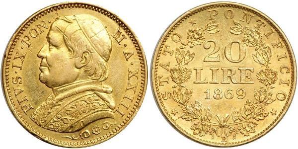 20 Lira 教皇国 (754 - 1870) 金 Pope Pius IX (1792- 1878)