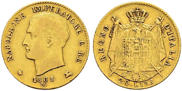 20 Lira 義大利王國 (拿破崙時代) (1805 - 1814) 金 拿破仑一世(1769 - 1821)