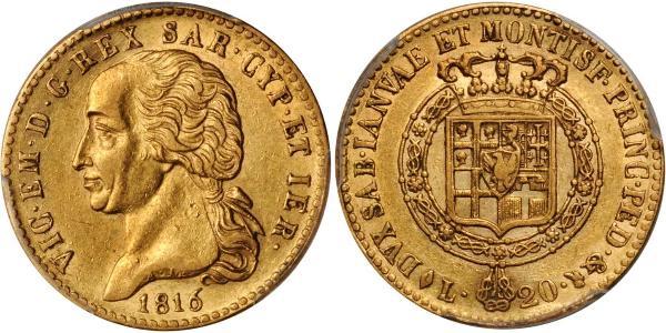 20 Lira 薩丁尼亞王國 (1324 - 1861) 金 維托里奧·埃馬努埃萊一世