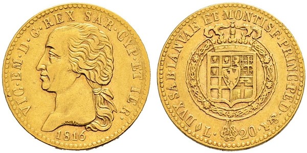 20 Lira 薩丁尼亞王國 (1324 - 1861) 金 維托里奧·埃馬努埃萊一世
