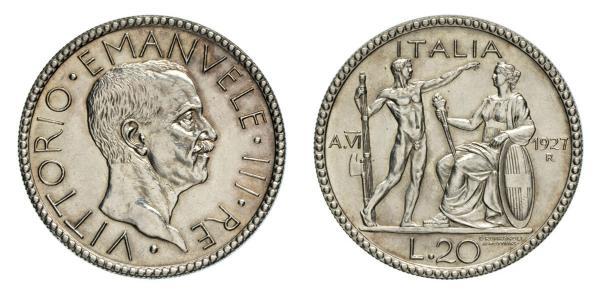 20 Lira 意大利王國 (1861-1946) 銀 维托里奥·埃马努埃莱三世 (1869 - 1947)