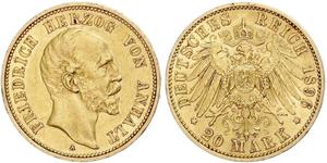 20 Mark Anhalt-Dessau (1603 -1863) Gold Frederick I, Duke of Anhalt (1831-1904)