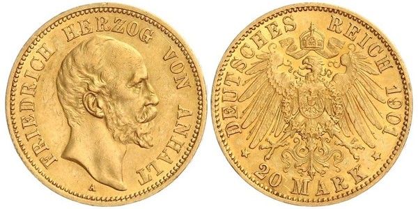 20 Mark Anhalt-Dessau (1603 -1863) Gold Frederick I, Duke of Anhalt (1831-1904)