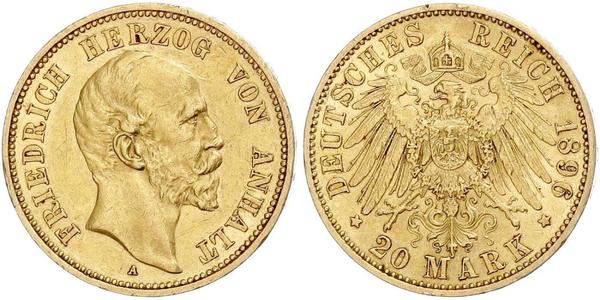 20 Mark Anhalt-Dessau (1603 -1863) Gold Frederick I, Duke of Anhalt (1831-1904)