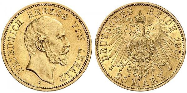 20 Mark Anhalt-Dessau (1603 -1863) Gold Frederick I, Duke of Anhalt (1831-1904)