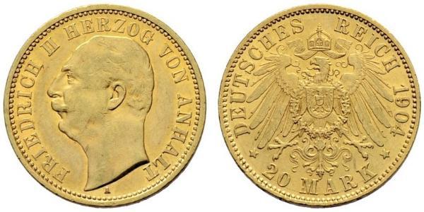 20 Mark Anhalt-Dessau (1603 -1863) Gold Friedrich II, Duke of Anhalt (1856 – 1918)