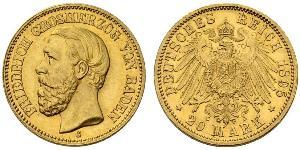 20 Mark Grand Duchy of Baden (1806-1918) Gold Frederick I, Grand Duke of Baden (1826 - 1907)