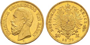 20 Mark Grand Duchy of Baden (1806-1918) Gold Frederick I, Grand Duke of Baden (1826 - 1907)