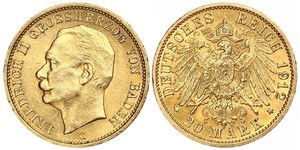 20 Mark Grand Duchy of Baden (1806-1918) Gold Friedrich II. (Baden, Großherzog) (1857 - 1928)