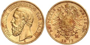 20 Mark Grand Duchy of Baden (1806-1918) Gold Frederick I, Grand Duke of Baden (1826 - 1907)