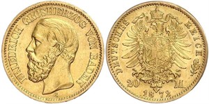 20 Mark Grand Duchy of Baden (1806-1918) Gold Frederick I, Grand Duke of Baden (1826 - 1907)