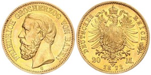 20 Mark Grand Duchy of Baden (1806-1918) Gold Frederick I, Grand Duke of Baden (1826 - 1907)