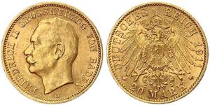 20 Mark Grand Duchy of Baden (1806-1918) Gold Frederick II, Grand Duke of Baden (1857 - 1928)