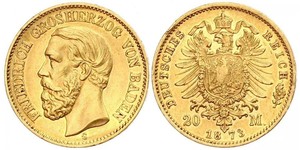 20 Mark Grand Duchy of Baden (1806-1918) Gold Frederick I, Grand Duke of Baden (1826 - 1907)