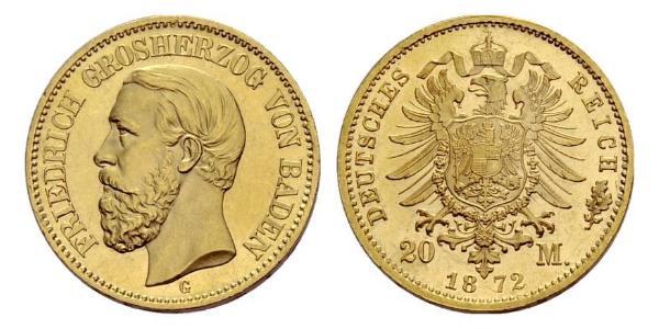 20 Mark Grand Duchy of Baden (1806-1918) Gold Frederick I, Grand Duke of Baden (1826 - 1907)