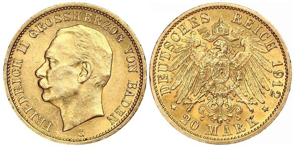 20 Mark Grand Duchy of Baden (1806-1918) Gold Frederick II, Grand Duke of Baden (1857 - 1928)