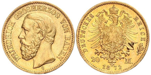 20 Mark Grand Duchy of Baden (1806-1918) Gold Frederick I, Grand Duke of Baden (1826 - 1907)