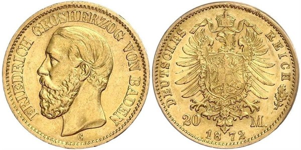 20 Mark Grand Duchy of Baden (1806-1918) Gold Frederick I, Grand Duke of Baden (1826 - 1907)