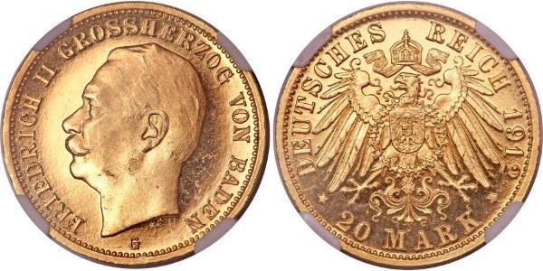 20 Mark Grand Duchy of Baden (1806-1918) Gold Frederick II, Grand Duke of Baden (1857 - 1928)