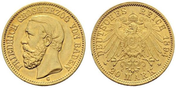 20 Mark Grand Duchy of Baden (1806-1918) Gold Frederick I, Grand Duke of Baden (1826 - 1907)