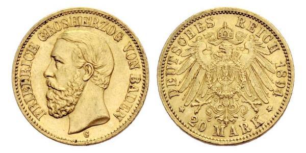 20 Mark Grand Duchy of Baden (1806-1918) Gold Frederick I, Grand Duke of Baden (1826 - 1907)