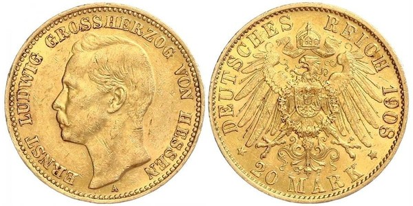 20 Mark Grand Duchy of Hesse (1806 - 1918) Gold Ernest Louis, Grand Duke of Hesse (1868 - 1937)