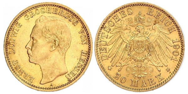 20 Mark Grand Duchy of Hesse (1806 - 1918) Gold Ernest Louis, Grand Duke of Hesse (1868 - 1937)