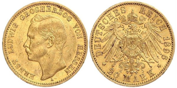 20 Mark Großherzogtum Hessen (1806 - 1918) Gold Ernst Ludwig (Hessen-Darmstadt, Großherzog) (1868 - 1937)