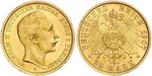 20 Mark Kingdom of Prussia (1701-1918) Gold Wilhelm II, German Emperor (1859-1941)