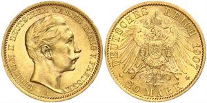 20 Mark Kingdom of Prussia (1701-1918) Gold Wilhelm II, German Emperor (1859-1941)