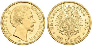 20 Mark Königreich Bayern (1806 - 1918) Gold Ludwig II. (Bayern)(1845 – 1886)