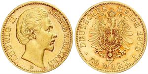 20 Mark Königreich Bayern (1806 - 1918) Gold Ludwig II. (Bayern)(1845 – 1886)