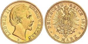 20 Mark Königreich Bayern (1806 - 1918) Gold Ludwig II. (Bayern)(1845 – 1886)