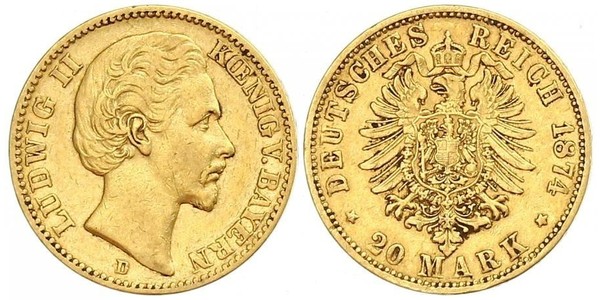 20 Mark Königreich Bayern (1806 - 1918) Gold Ludwig II. (Bayern)(1845 – 1886)