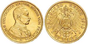 20 Mark Königreich Preußen (1701-1918) Gold Wilhelm II, German Emperor (1859-1941)