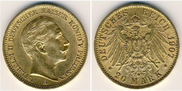 20 Mark Königreich Preußen (1701-1918) Gold Wilhelm II, German Emperor (1859-1941)