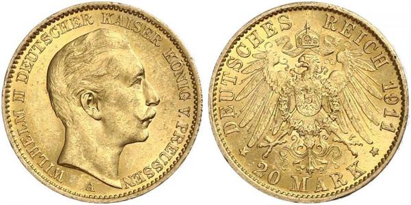 20 Mark Königreich Preußen (1701-1918) Gold Wilhelm II, German Emperor (1859-1941)