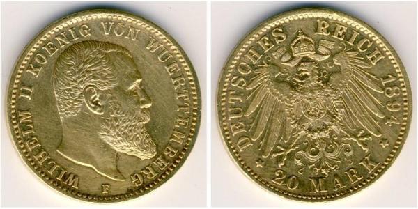 20 Mark Königreich Württemberg (1806-1918) Gold Wilhelm II, German Emperor (1859-1941)