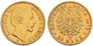 20 Mark Royaume de Bavière (1806 - 1918) Or Louis II de Bavière (1845-1886)(1845 – 1886)