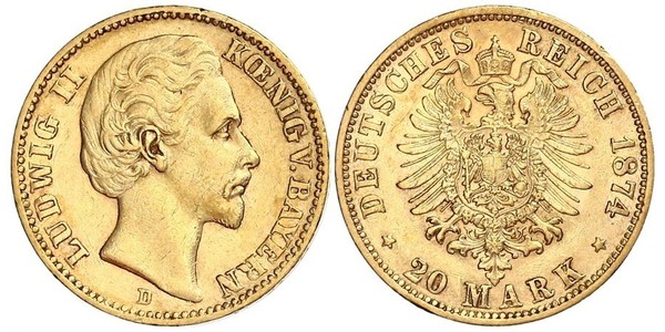 20 Mark Royaume de Bavière (1806 - 1918) Or Louis II de Bavière (1845-1886)(1845 – 1886)