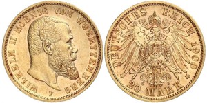 20 Mark Royaume de Wurtemberg (1806-1918) Or Wilhelm II, German Emperor (1859-1941)