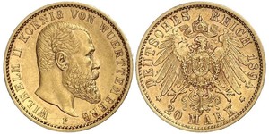 20 Mark Royaume de Wurtemberg (1806-1918) Or Wilhelm II, German Emperor (1859-1941)