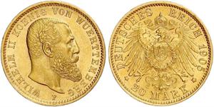 20 Mark Royaume de Wurtemberg (1806-1918) Or Wilhelm II, German Emperor (1859-1941)