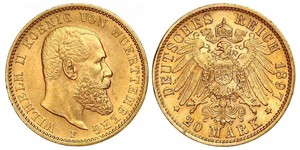 20 Mark Royaume de Wurtemberg (1806-1918) Or Wilhelm II, German Emperor (1859-1941)